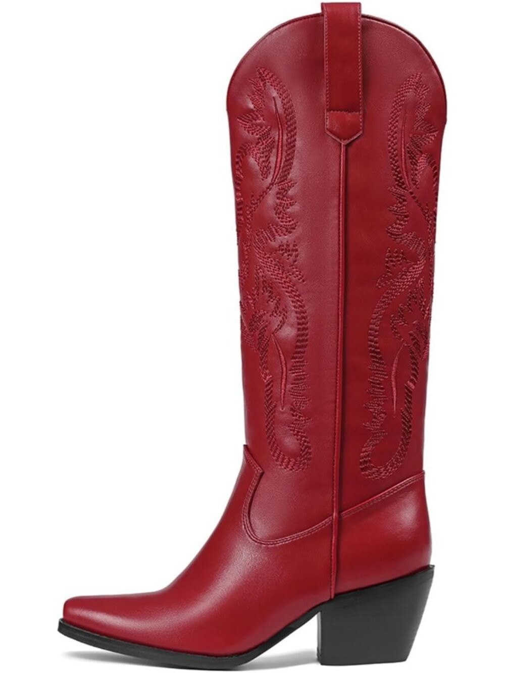 Women Red Leather Western Cowgirl Side Zipper Chunky Block High Heel Boot